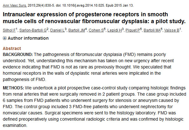 Intranuclear expression of progesterone receptors in smooth muscle cells of renovascular fibromuscular dysplasia: a pilot study.